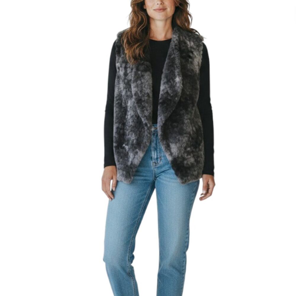 VINE STREET Ombre Faux Fur Vest Sz L Gray Open Front Cozy Unique City Made USA